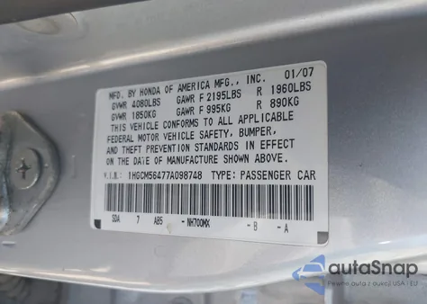 2007 Honda Accord 2.4 Lx из США, поврежденный, VIN 1HGCM56477A098748